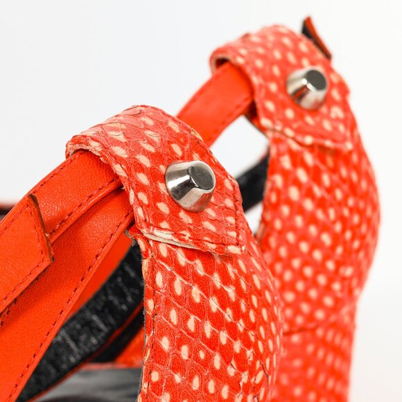 Balenciaga Orange Snakeskin-Embossed Studded Wedge Sandals - Picture 9 of 11